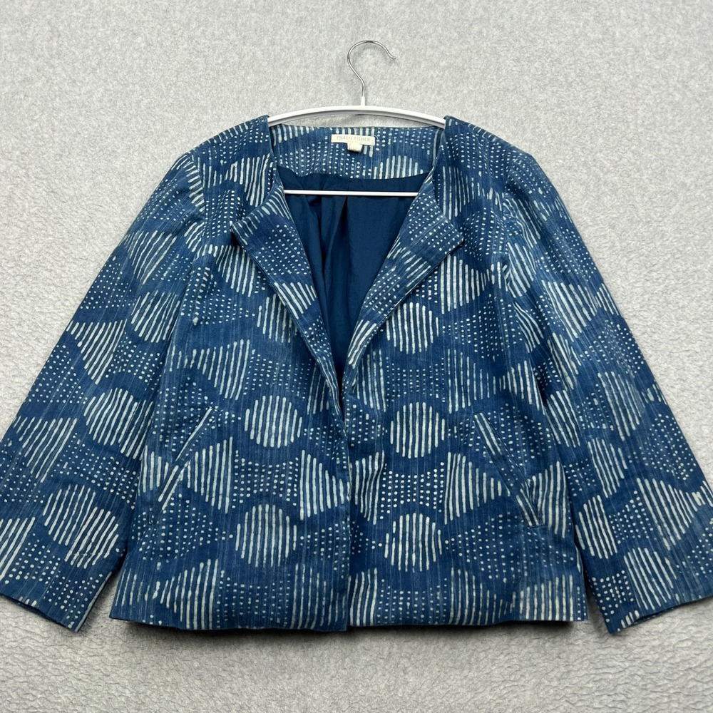 Eileen Fisher Jacket Womens PM Blue Geometric Shibori Organic Cotton Open Cardi